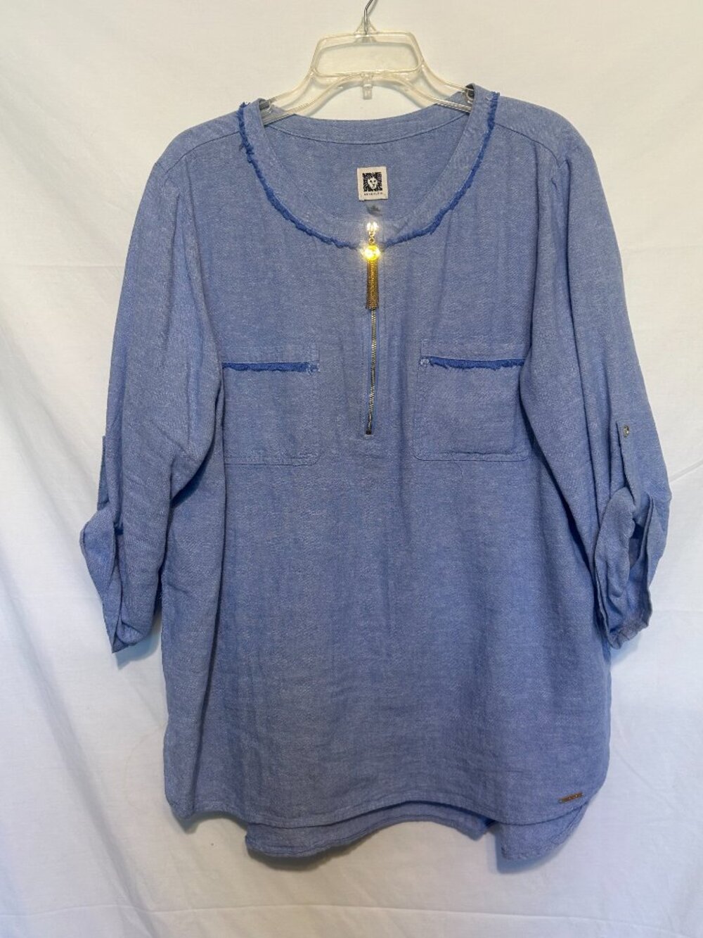 NWOT! Anne Klein ~Elevated Blue Linen Blend Tunic Shirt Fringe Pockets~Sz. XL